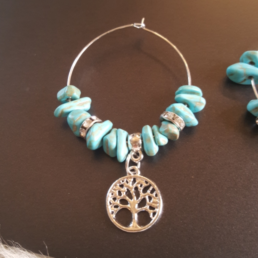 3 for $15 Tree of Life Turquoise Hoop Earrings - Picture 2 of 2
